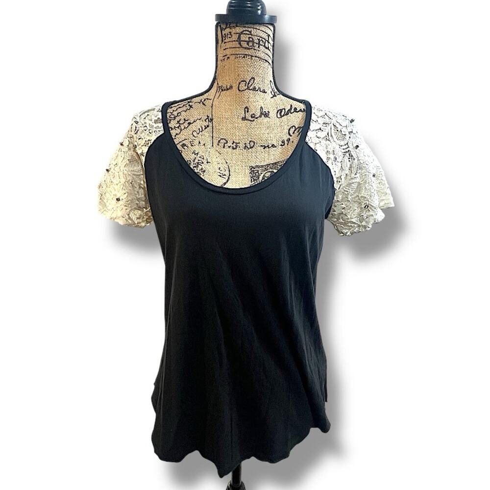 RALPH LAUREN VTG Black & Ivory Lace Sleeve Top Rhinestone & Bead Embellished 1X